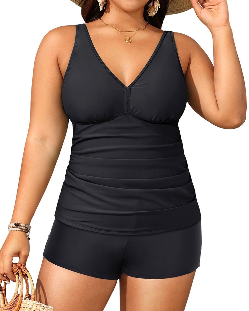 Yonique Womens Plus Size Swimsuits with Shorts Tummy Control Tankini Two Piece Bathing Suits Athletic Swimwear Black 16plus - Image 2